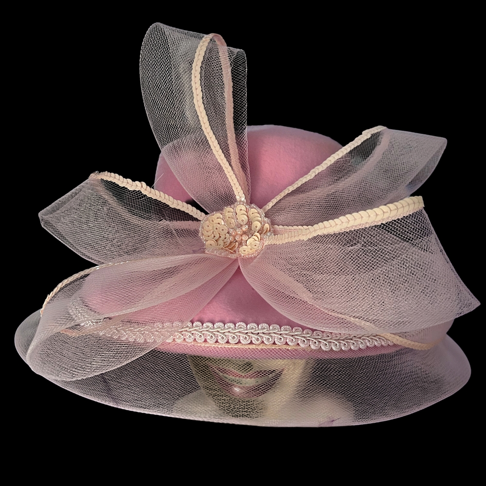 Pastel Pink Wool Formal Hat with Sheer Net and Sequin Trim